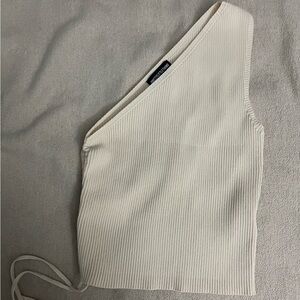 PrettyLittleThing Cream Ribbed One-Shoulder Top & Skirt